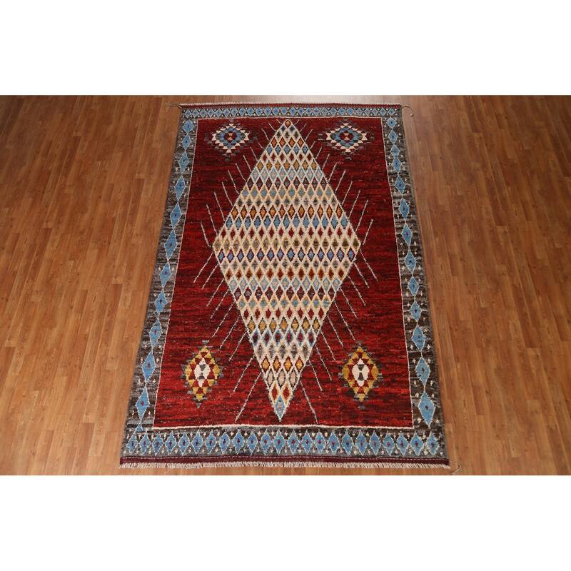 Hand Knotted Oriental 100% Wool Carpet Modern Tribal Red Moroccan Area Rug - 10' 3'' X 6' 7''