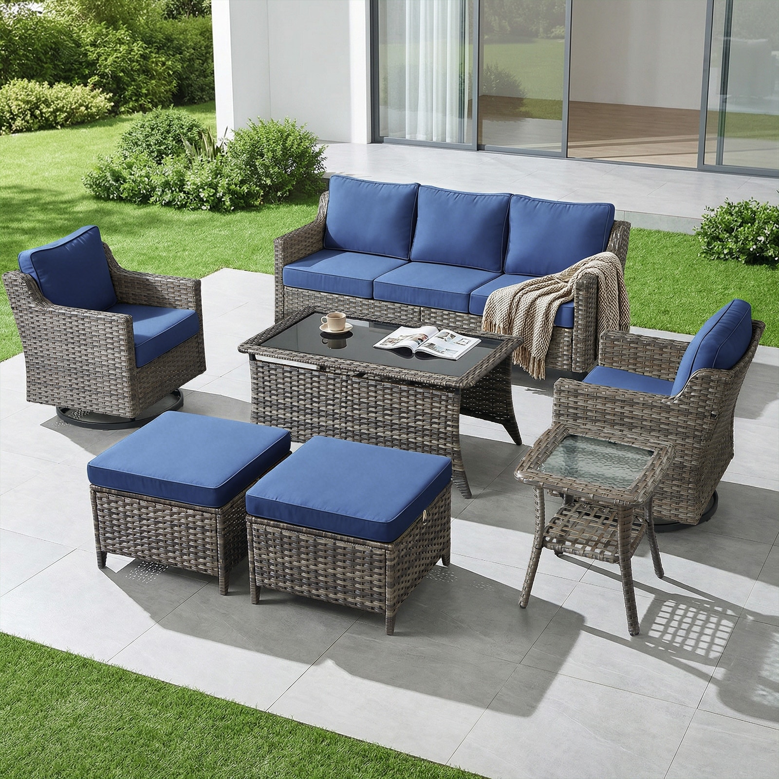 Meyreso 7-Piece Wicker Patio Conversation Set with Swivel Gliders and 4-Inch Thick Cushions