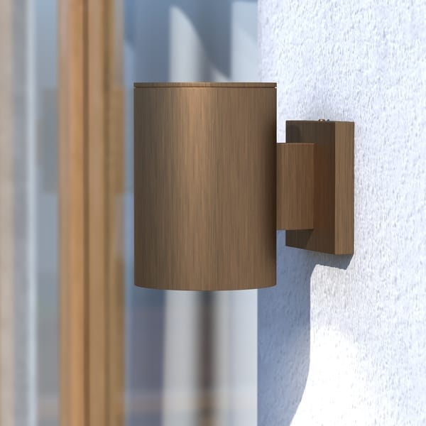 slide 2 of 11, VAXCEL Chiasso 1-Light Outdoor Wall Sconce, Rust-Resistant Aluminum, Metal Shade, LED Compatible, Dark Sky Compliant Warm Brass - 5-in W x 7.25-in H x 8-in D