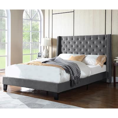 Mid-Century Tufted Platform Bed with Nailhead Trim