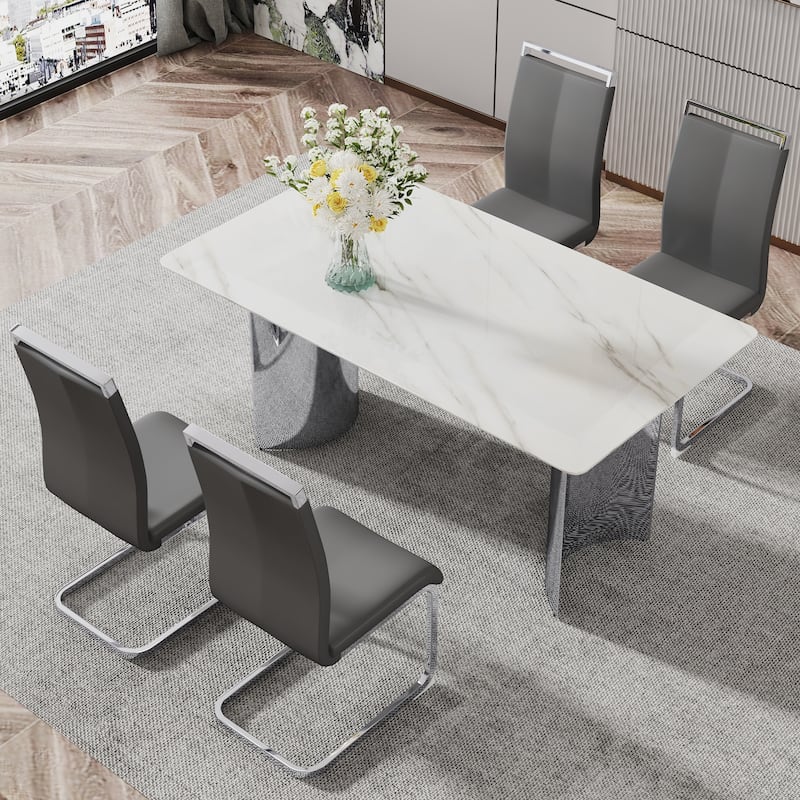 Modern Marble Glass Dining Set with Stainless Steel Legs & PU Chairs
