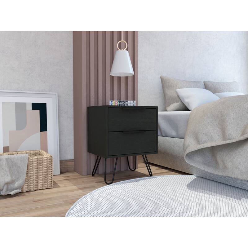 Modern Black Wengue Nightstand, 2 Drawers with Hairpin Legs, Compact and Stylish Design, 13.7"x17.71"x22.44"
