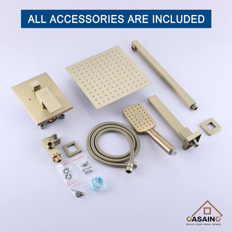 1-Handle 3-Spray Pattern 10 in Wall Mount Shower Head, Tub and Shower Faucet, Brushed Gold (Valve Included) - 10 inch