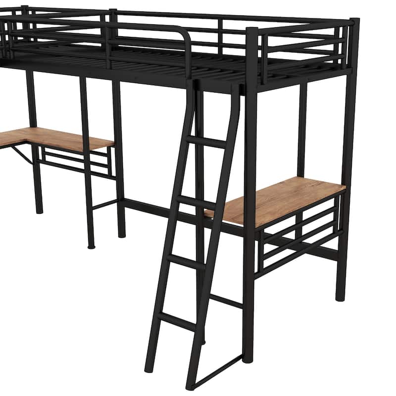 Twin Size L Shaped Loft Bed with 2 Desk, Heavy-Duty Steel Bed Frame with Safety Guardrails & 2 Ladders for Kids Teens Girls Boys