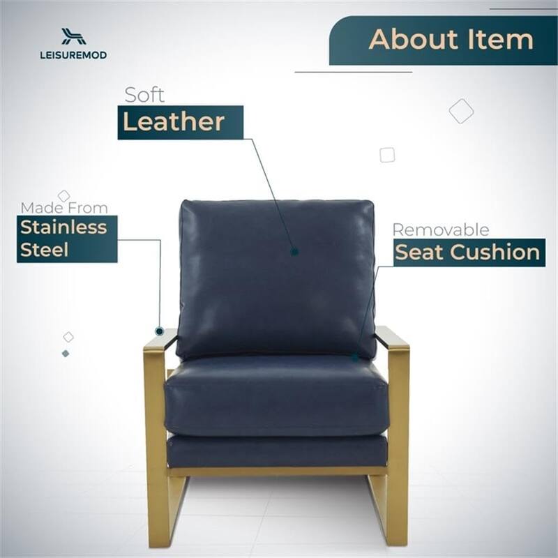 Jefferson Contemporary Leather Accent Armchair with Brushed Gold Frame, Removable Cushions, and Durable Spring-Supported Seat