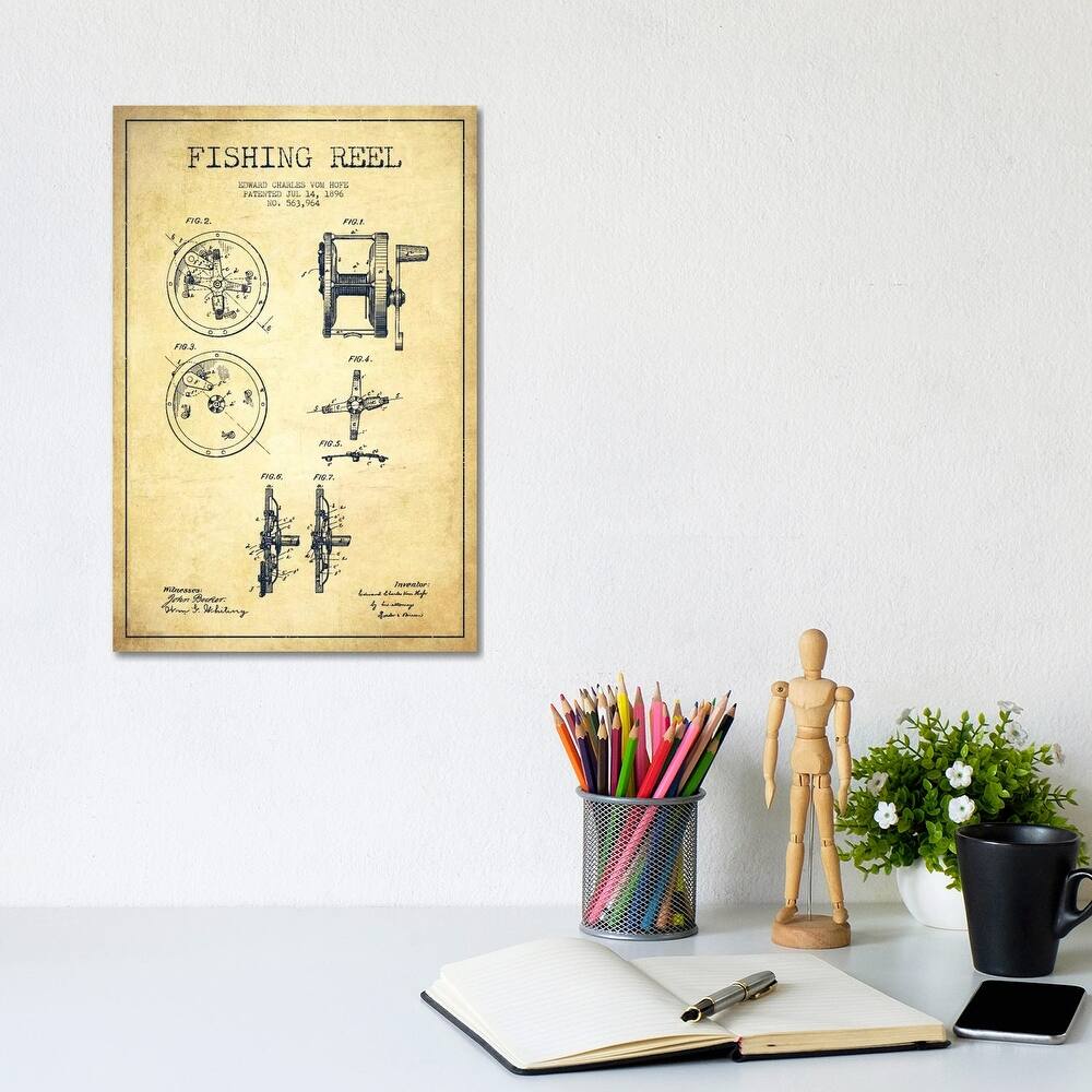 iCanvas "Fishing Reel Vintage Patent Blueprint" by Aged Pixel Canvas Print