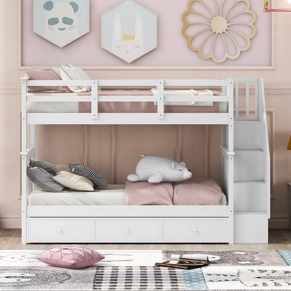 slide 2 of 9, White Versatility Twin-Twin Bunk Storage Bed Frame w/ Drawer & Shelves White - Twin