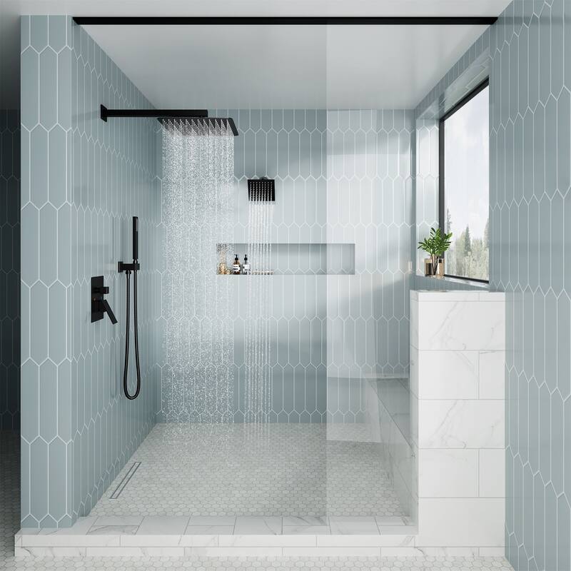 3-Spray Square 12 and 6 in. Dual Wall Mount Fixed and Handheld Shower Head in Matte Black, Valve Included - 12" x 12"