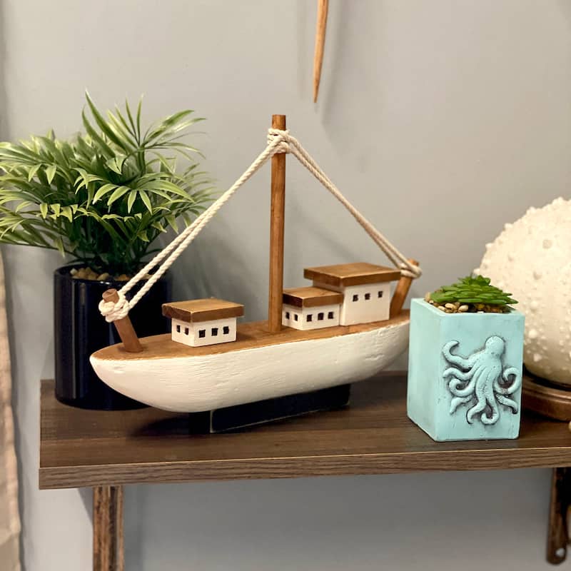 13.5In Wood Fishing Boat Statue Nautical Decor Handcrafted Ship Modell - 9.75 X 13.5 X 3.25 inches