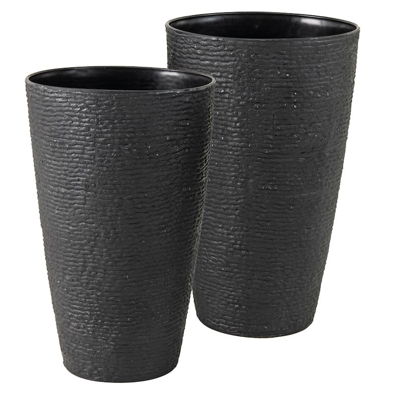 Black PP Large Flowerpots Planters Set of 2 with Wood Grain and Drainage - 13" x 21" (Dia. x H) - Black