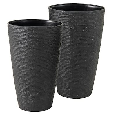 Black PP Large Flowerpots Planters Set of 2 with Wood Grain and Drainage - 13" x 21" (Dia. x H)