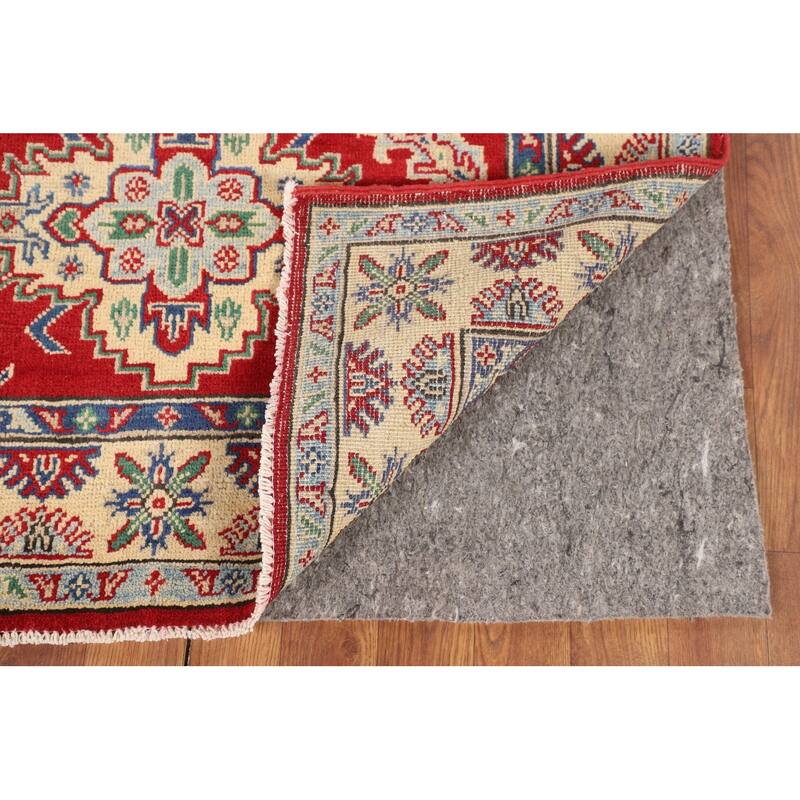 Red Geometric Kazak Foyer Rug Hand-Knotted Oriental Wool Carpet - 3'5" x 5'2"