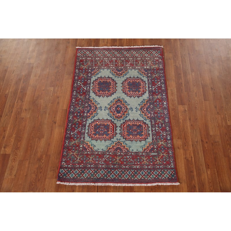 Geometric Kazak Accent Rug Hand-Knotted Blue Wool Carpet - 3'1"x 4'9"