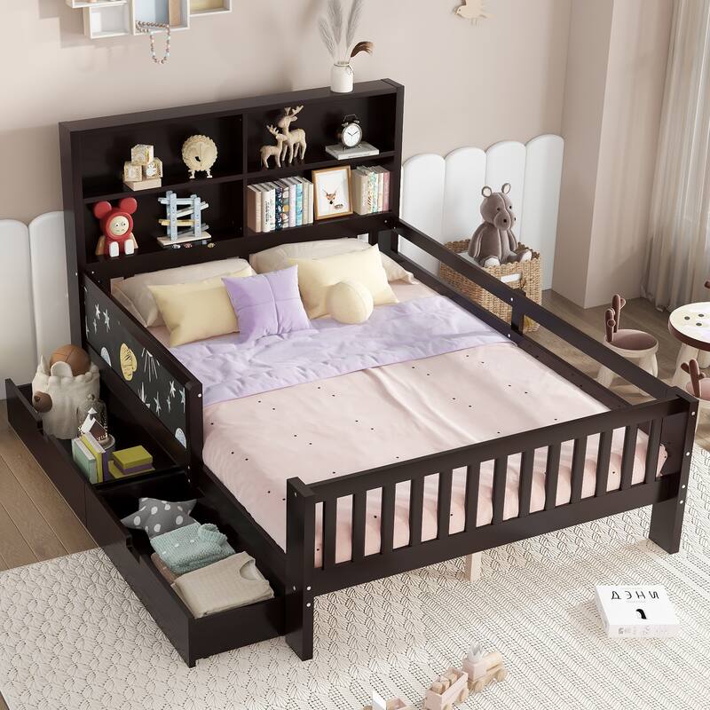 Childlike Fun Solid Wood Low-profile Platform Bed Storage Bed Frame with Side Chalkboard, Open Shelves, Drawers and Guardrails - Espresso - Full