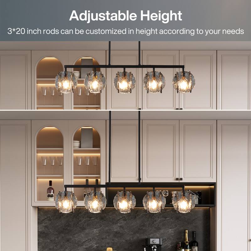 5-Light Linear Chandelier with Hand-Blown Smoke Gray Glass Shades - Smoky Gray