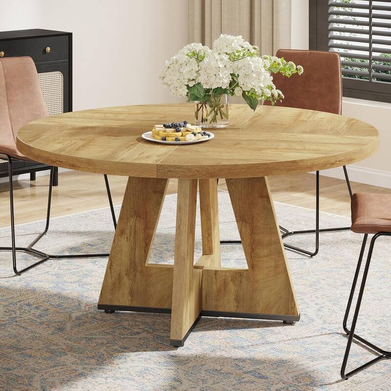 47" Round Wood Dining Table 4-Seater Farmhouse with Wooden Tabletop Cross Base for Dining Room/Kitchen