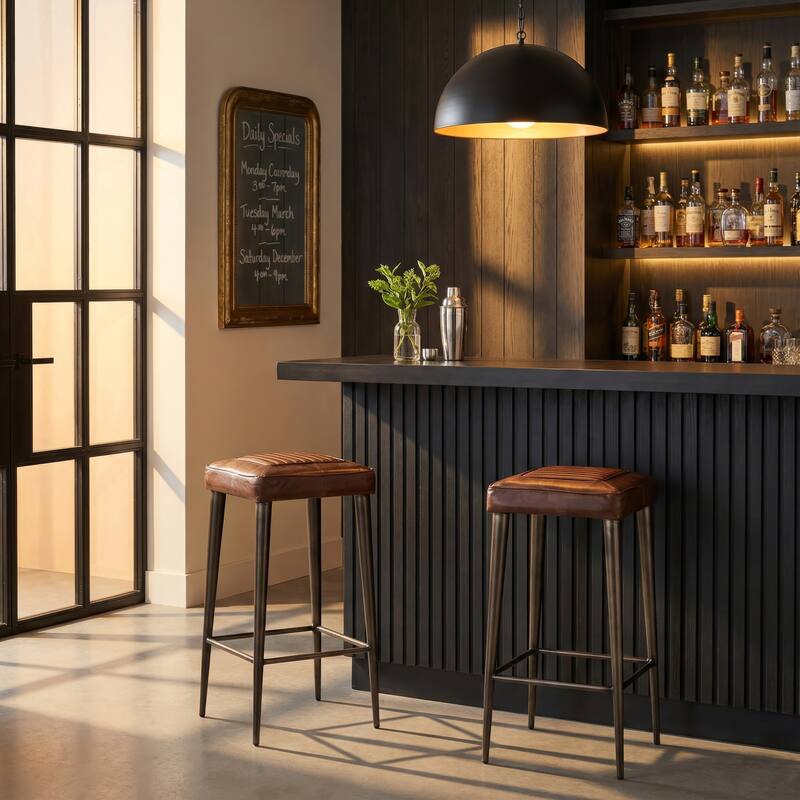 Maxwell 32"H Seat Leather and Metal Square Bar Stool - Brown Leather