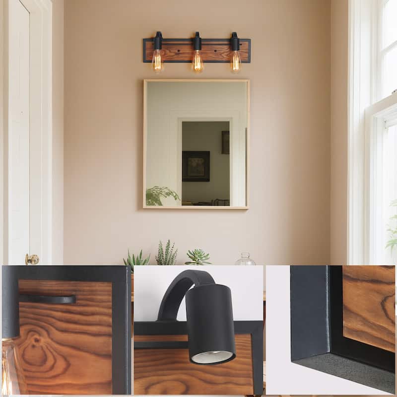Farmhouse 3-Light Wood Bathroom Vanity Light Rustic Wood Wall Sconces - W21.3" x E4.3" x H5.9"