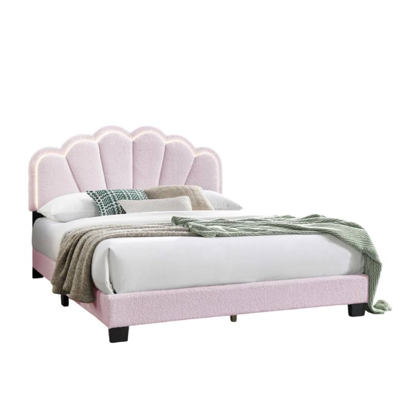 Madsy Full Bed, Pink Upholstered Fan-Shaped Headboard, Metallic Accents