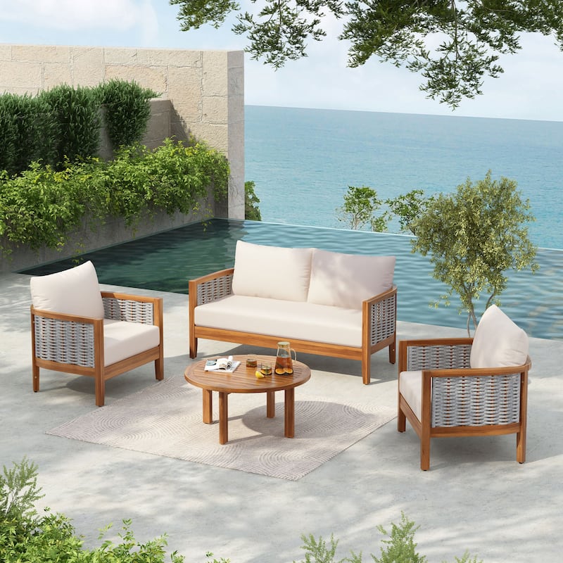 Christopher Knight Home - Alderidge Patio Acacia Wood Tub Design 4 Piece Chat Set with Cushion - Teak Finish+ Beige Cushion