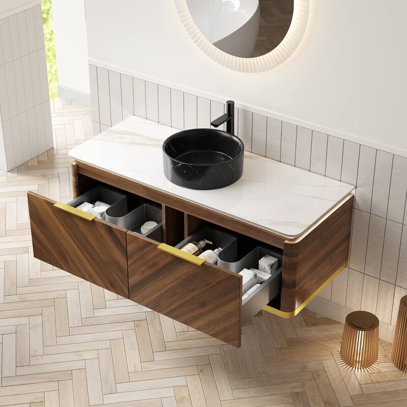 Floating Bathroom Vanity with Sintered Stone Top and Black Ceramic Round Basin