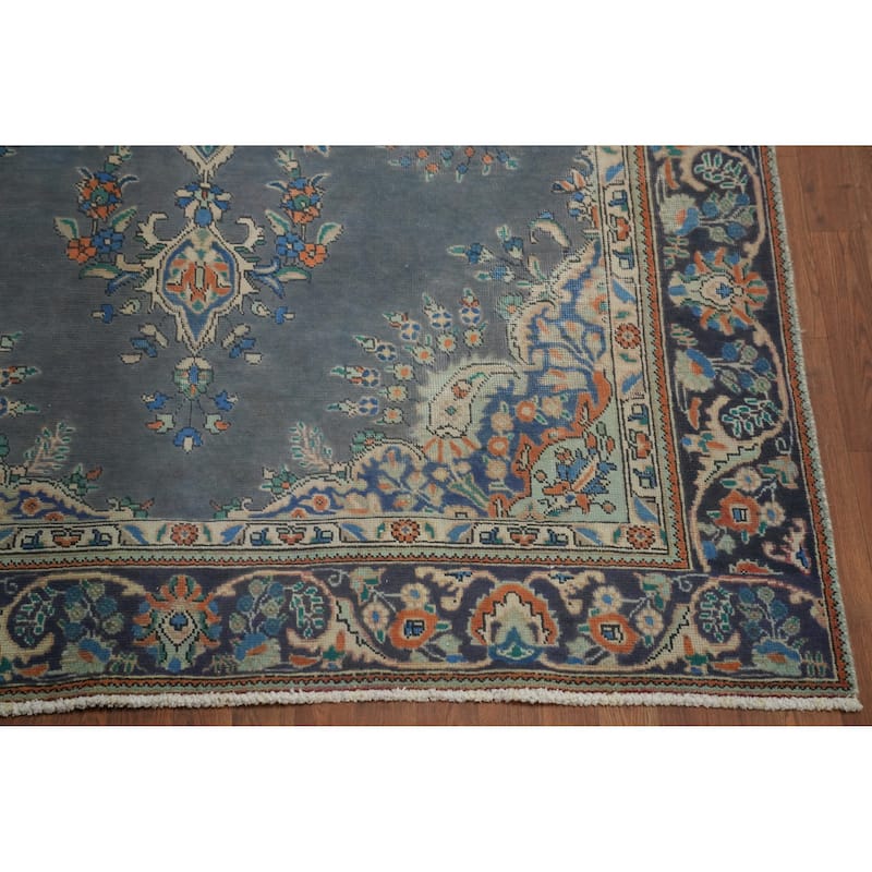 Slate Blue Tabriz Persian Vintage Area Rug Hand-Knotted Wool Carpet - 6'2" x 9'5"