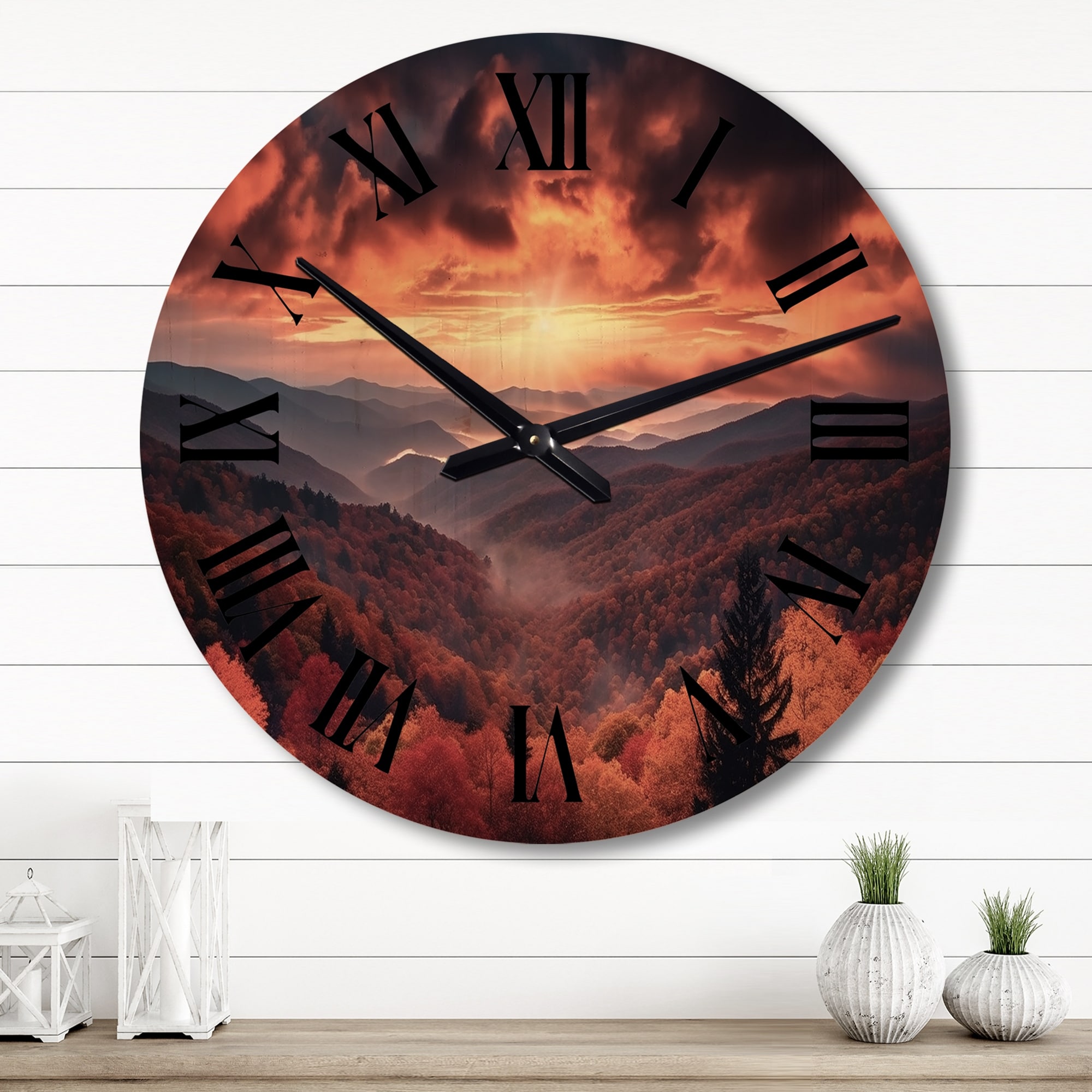 Designart "Tennessee Great Smoky Mountains Sunset I" Tennessee Oversized Wood Wall Clock