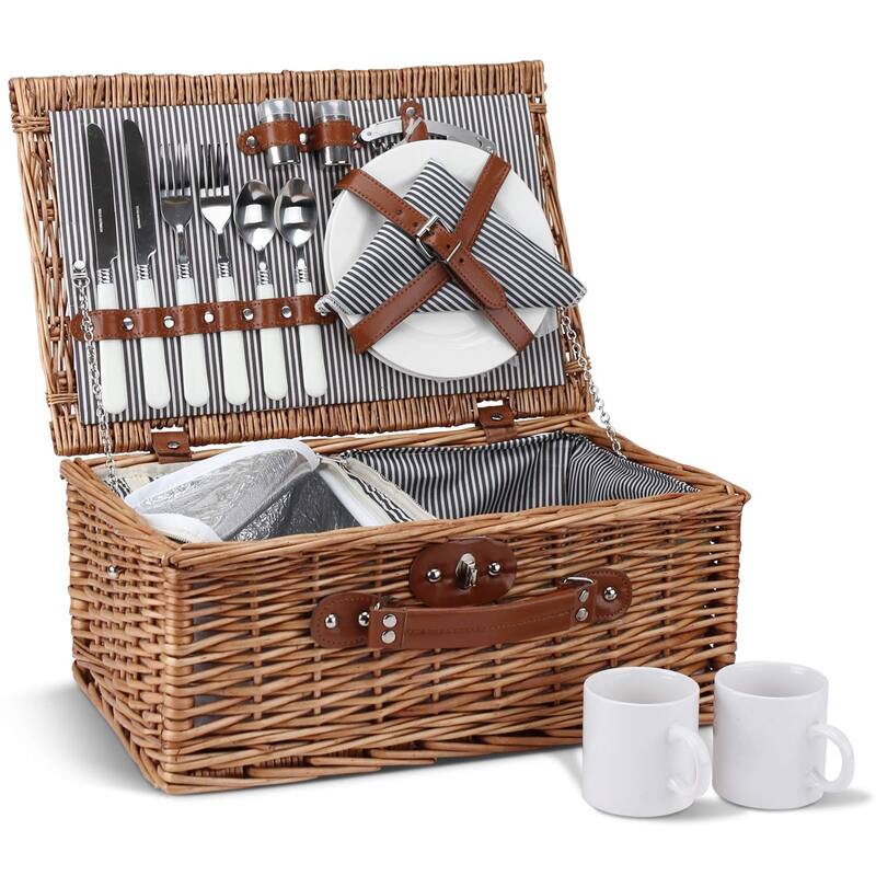 Picnic Basket for 2, Willow Hamper Set with Insulated Compartment, Handmade Large Wicker Picnic Basket Set with Utensils Cutlery - Grey
