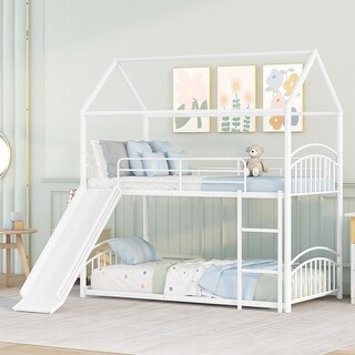 Friendly Design Twin Over Twin Metal Frame Bunk Bed Kids House Bed with Slide,Stairs,Two Separate Small Beds