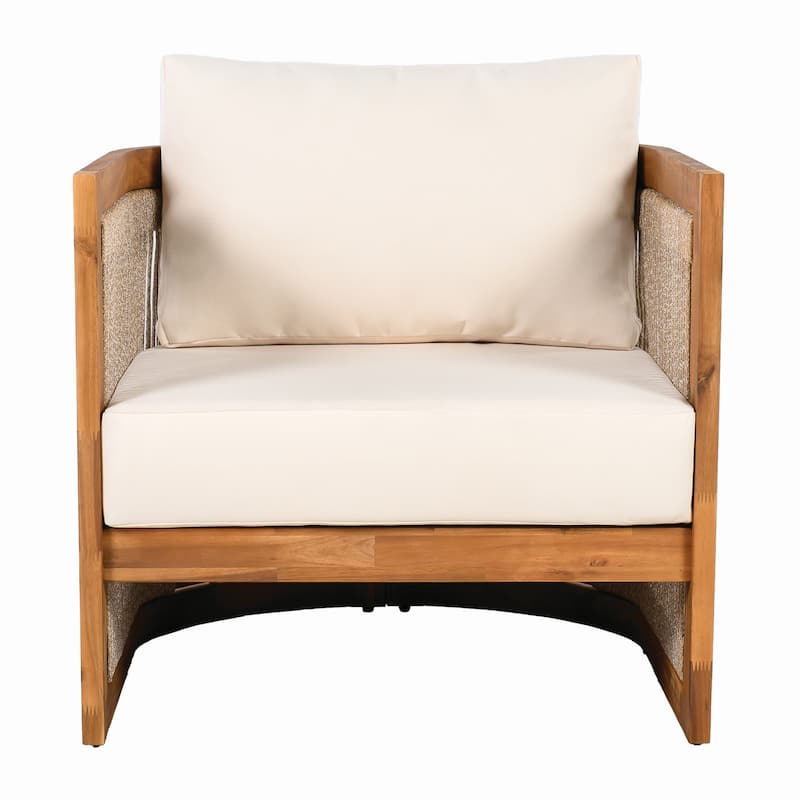 Set of 2 Outdoor Wood Curved Club Chairs with Woven Rope and Cushions