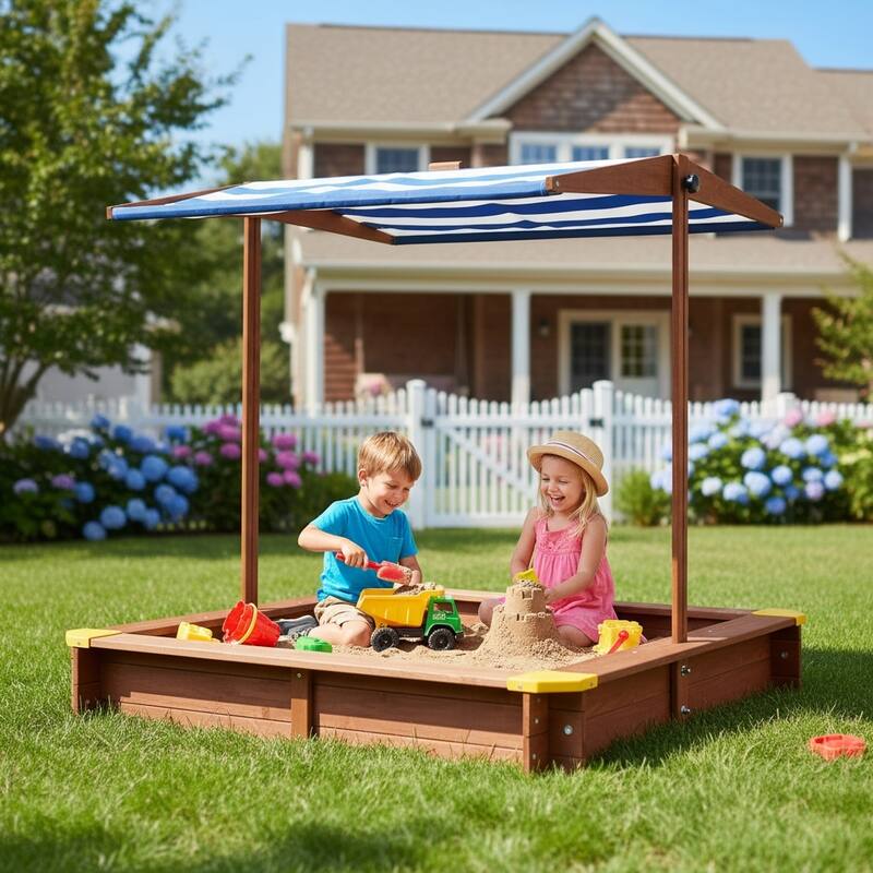 Kids Sandbox with Cover, 46" Wooden Sand Box w/Adjustable Canopy, Large Outdoor Cedar Sandpit for Backyard Play