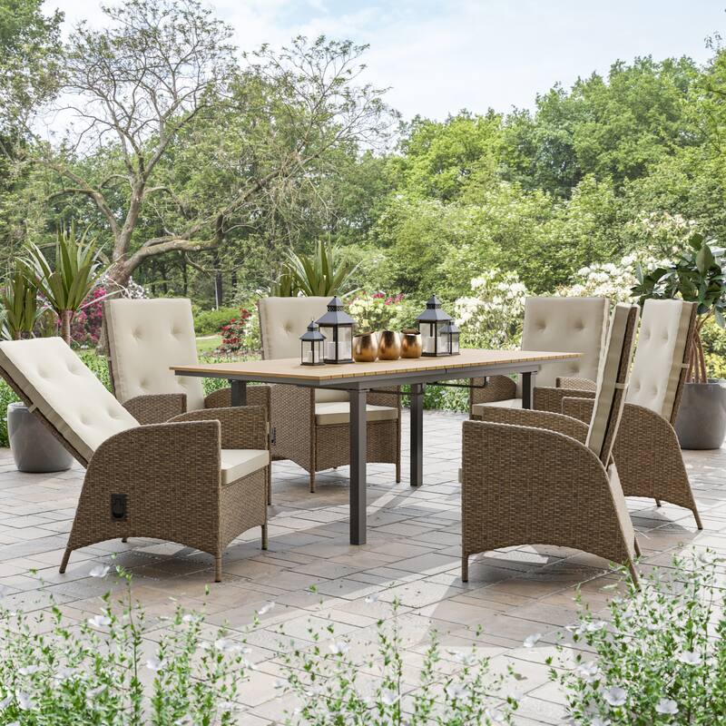 Mackay Teak Extendable & Reclining Outdoor Dining Set for 6 People - Natural/Brown/Beige