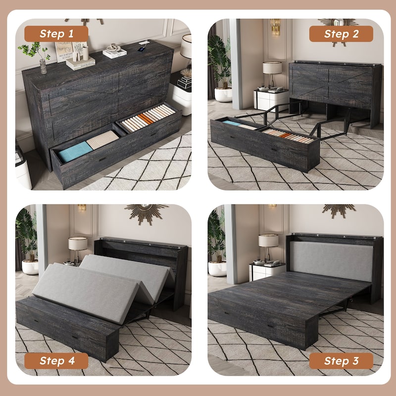 57" Murphy Bed with Storage Drawers, Charging Cabinet, Foldable Panels & Lockable Wheels, Full Size Wall Bed for Guest Room