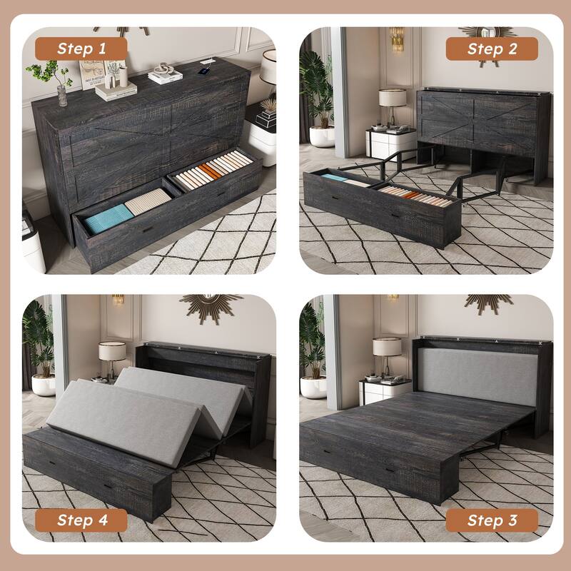 Full Size Murphy Bed, with Storage Drawers and Charging Cabinet, with Foldable Panels, with Swivel Wheels, Noise-Free