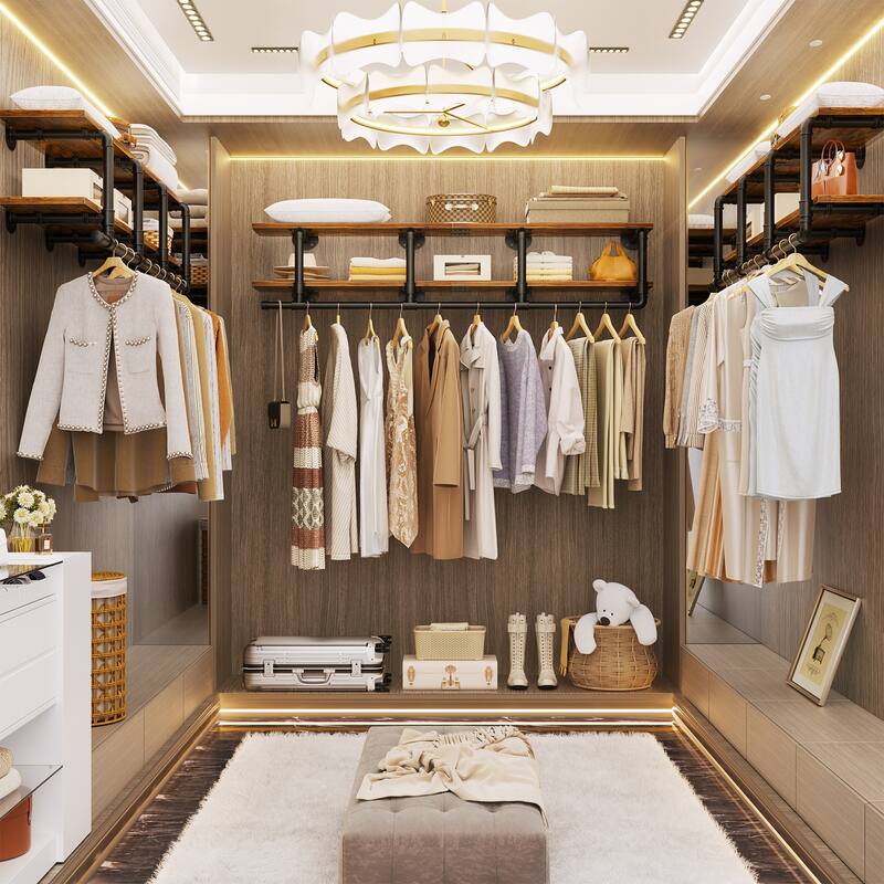 Floating Pipe Heavy-Duty Garment Rack, Wall-Mounted Closet Organizer with Storage Shelves