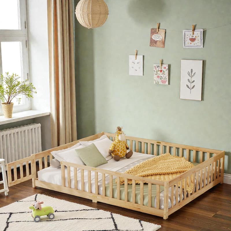 Queen Floor Bed with Fence and Door, Solid Rubber Wood Montessori Floor Bed with Safety Guardrails - Natural - Queen