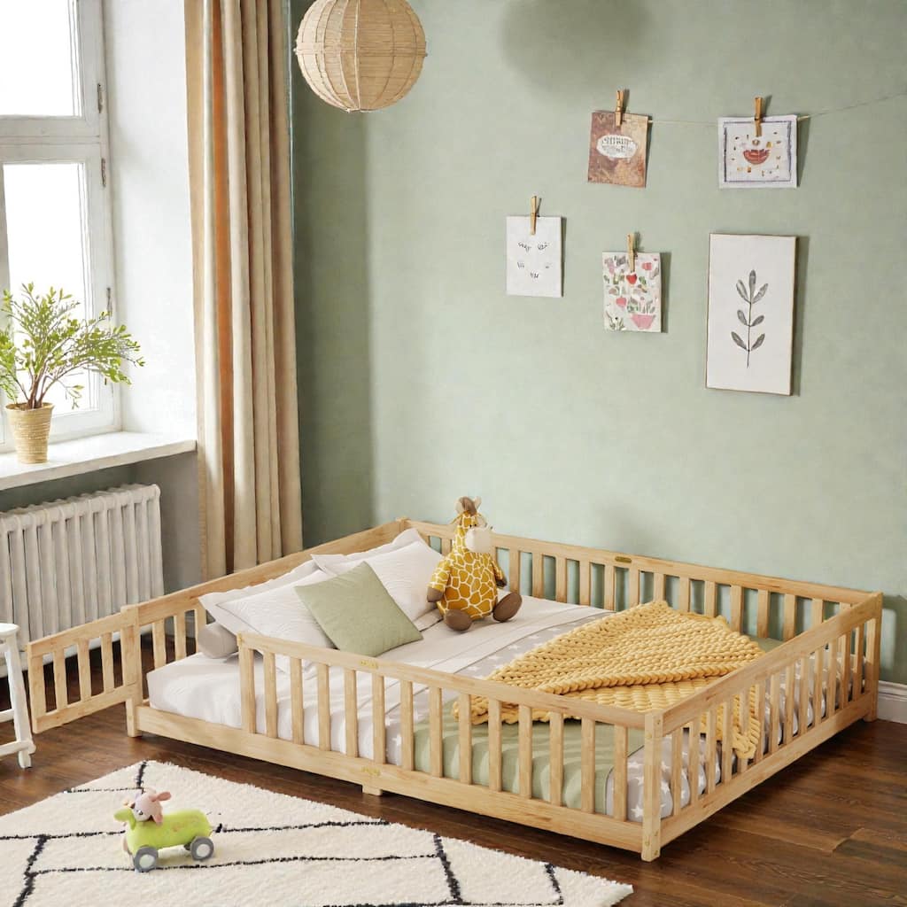 Queen Floor Bed with Fence and Door, Solid Rubber Wood Montessori Floor Bed with Safety Guardrails