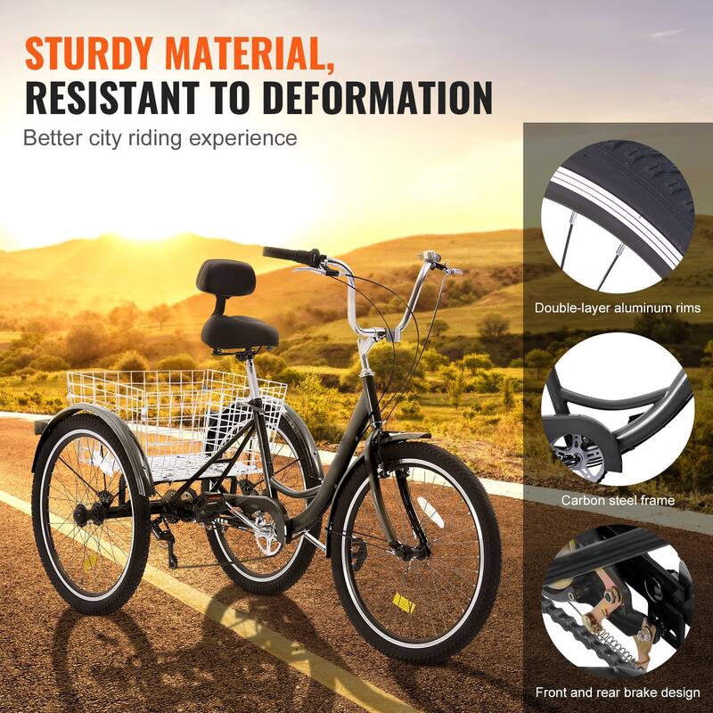 Black Carbon Steel 3-Wheel Bike with 7-Speed and Cargo Basket - 68.5” L x 29.9” W x 44.9” H