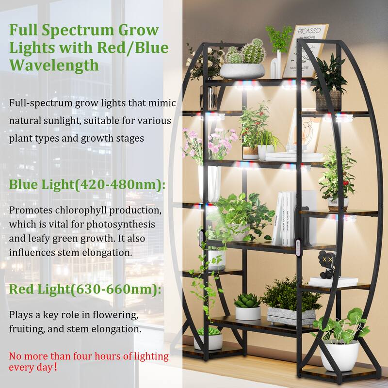 70" Tall Indoor LED Plant Rack Shelf Flower Stand with Plant Grow Lights Half-Moon Shape
