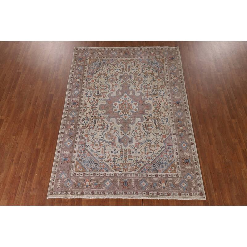 Distressed Tabriz Persian Antique Area Rug Handmade Wool Carpet - 6'7" x 9'4"