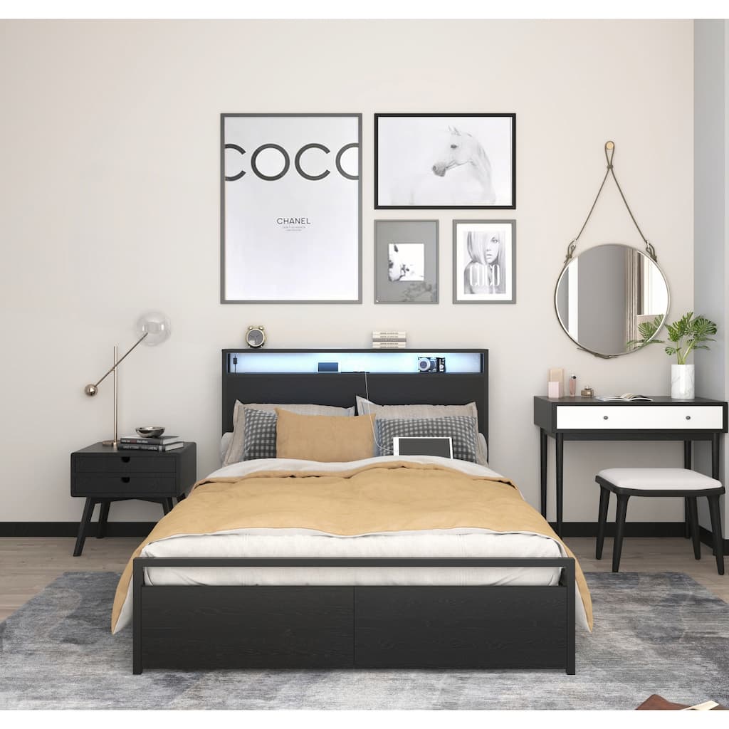 Full Size Bed Frame with Storage Headboard and LED Lights