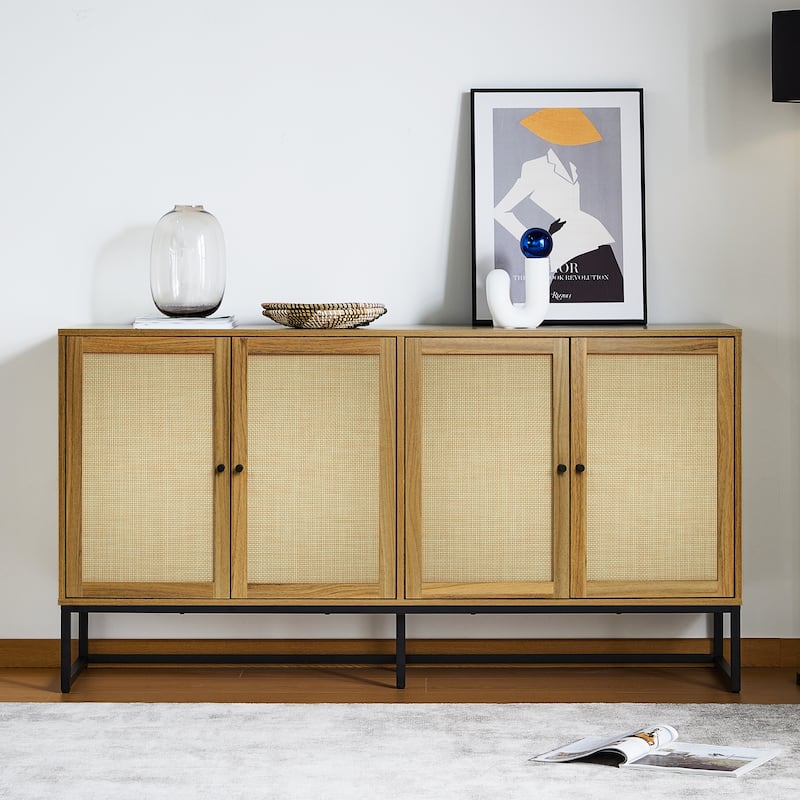 Wood Rattan 4-Door Buffet Sideboard With Storage - Brown