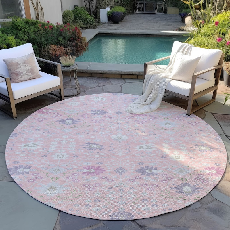 Machine Washable Indoor/ Outdoor Global Traditional Chantille Rug - Pink - 8' x 8'
