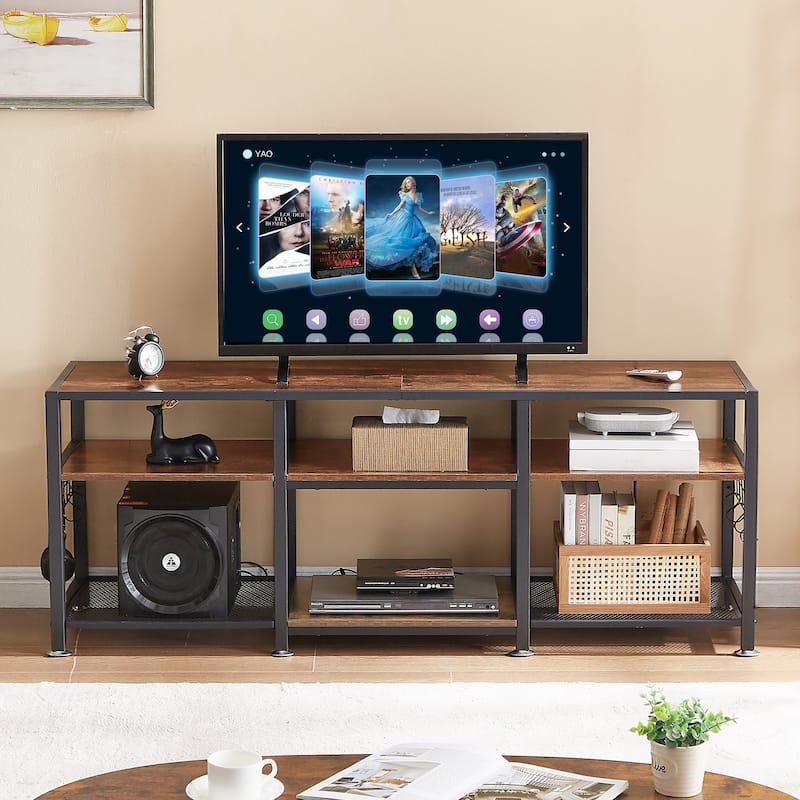 VECELO End Table, 55 Inch up to 71 Inches TV Stand with Storage Shelves, 3-Tier Television Cabinet