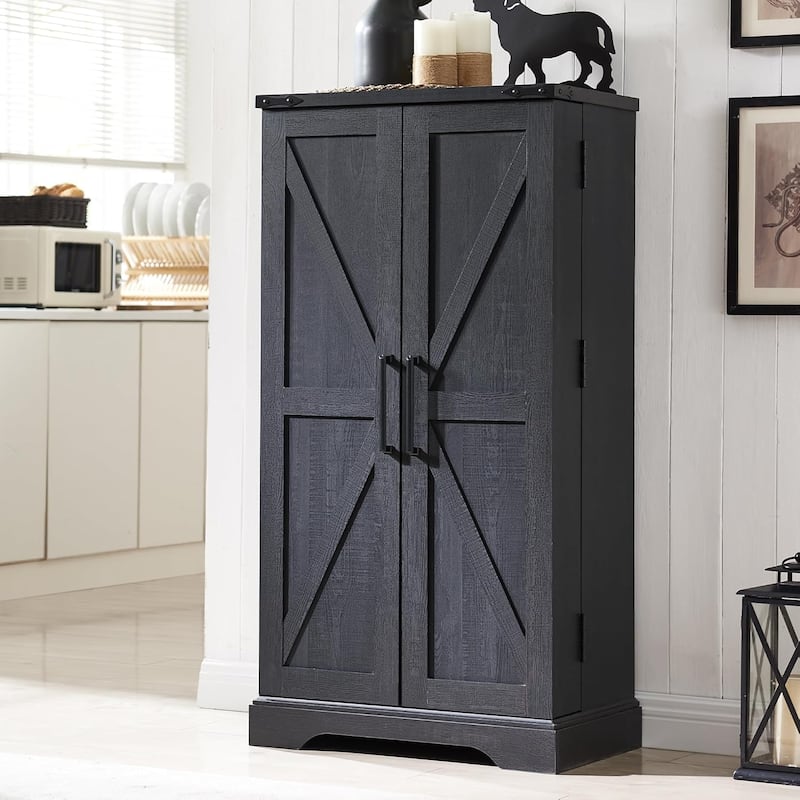 47" Farmhouse Kitchen Pantry, Storage Cabinet with Barn Doors - Black