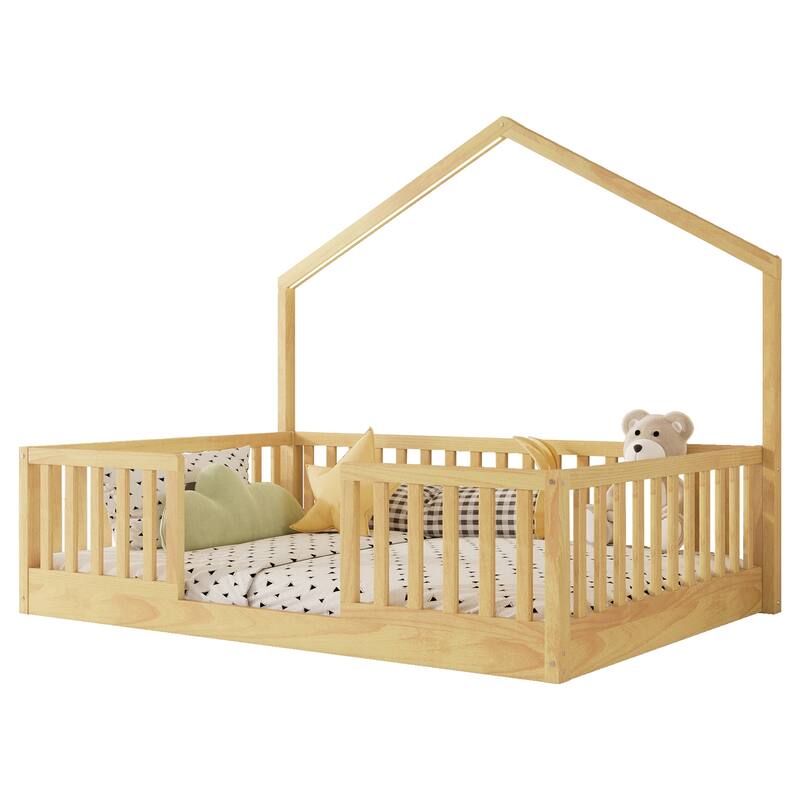 Roomfitters Twin/Full Floor Platform Bed, House Frame and LED Light with Wooden High Rails for Bedrooms or Guest Rooms