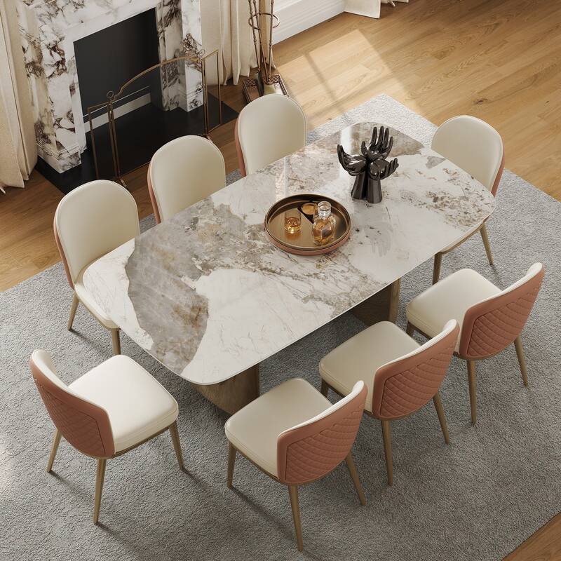 White Rectangular Sintered Stone Dining Table with Double Pedestals