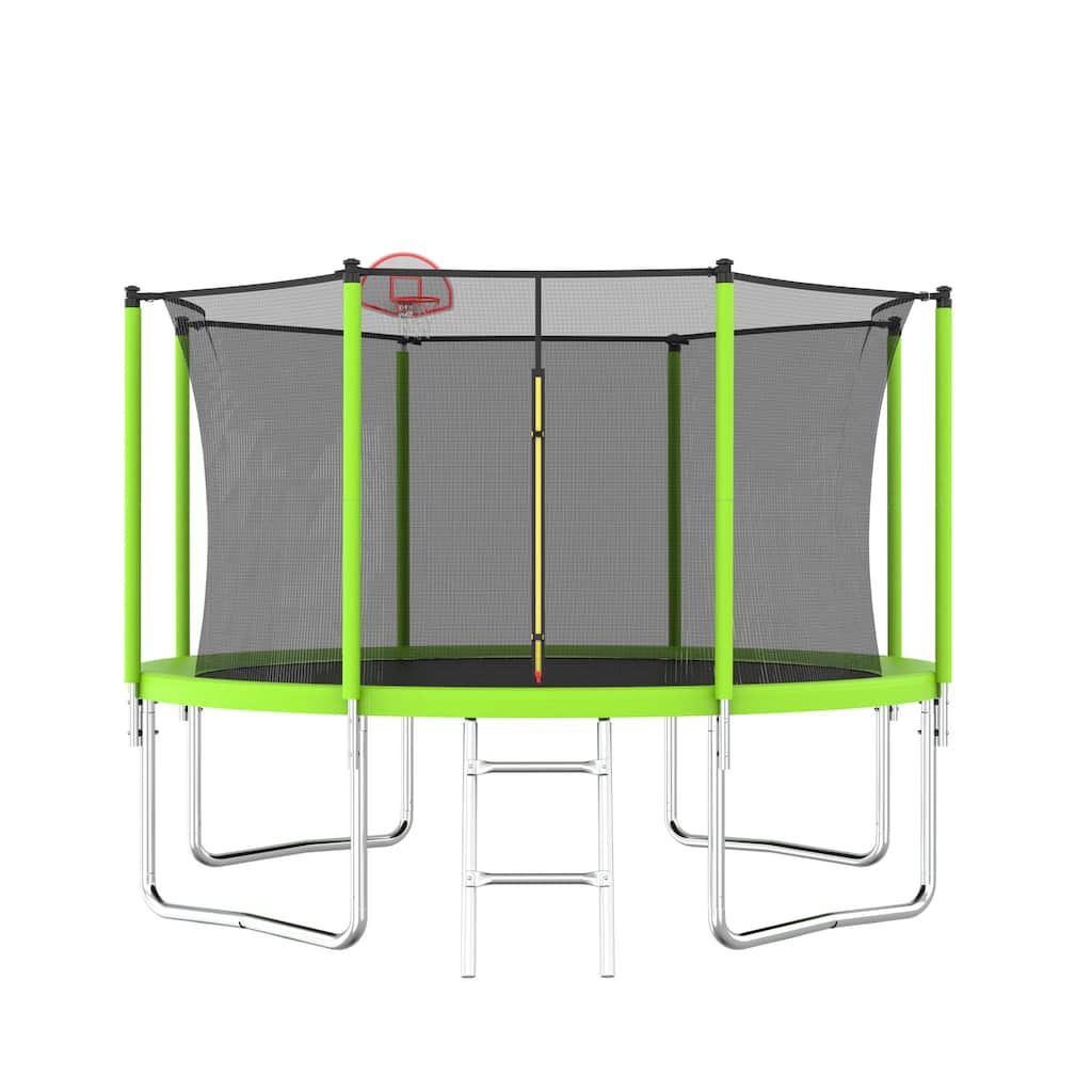 12FT Trampoline Green for Kids & Adults with Basketball Hoop and Ball ,Recreational Trampolines with Safety Enclosure