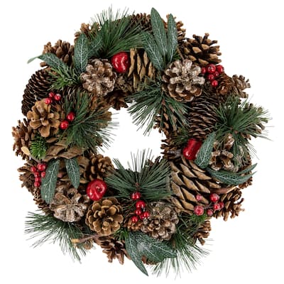 Green Mixed Foliage and Apple Artificial Christmas Wreath 13.75-Inch Unlit - 13.75"