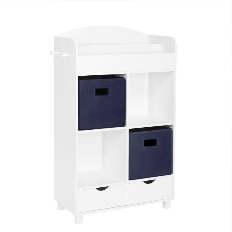 RiverRidge Kids Book Nook Cubby Toy Storage Cabinet with Bookshelf, Drawers, and Hooks - White with Navy Bins